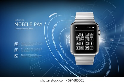 Vector illustration in a realistic style the concept of e-payments using the application on your wrist watch.