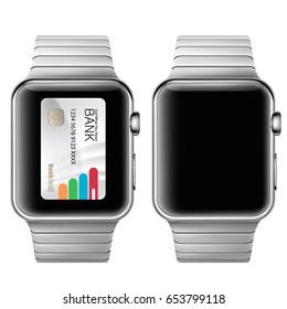 Vector illustration in a realistic style the concept of e-payments using the application on your wrist watch. Illustration of the wrist watch on white