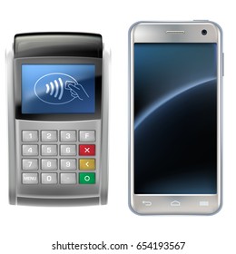 Vector illustration in a realistic style the concept of mobile payments using the application on your smartphone. Illustration of the smartphone and payment terminal on white