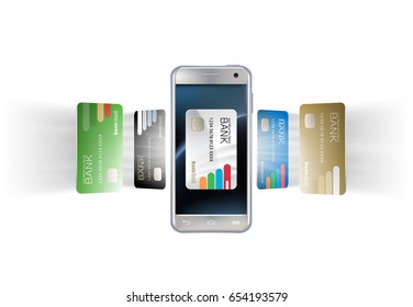 Vector illustration in a realistic style the concept of mobile payments using the application on your smartphone. Illustration of the smartphone and bank cards on white