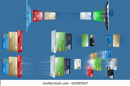 Vector illustration in a realistic style the concept of e-payments using bank cards. Illustration of the various bank cards in different angles, flying bank cards