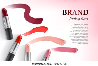 Vector illustration of a realistic style design of lipstick packing and lipstick smear samples. Excellent advertising poster for promoting of makeup premium product