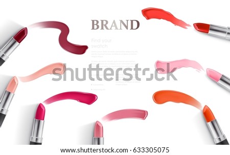 Vector illustration of a realistic style design of lipstick packing and smear samples. Excellent advertising poster for promoting of makeup premium product