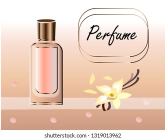 Vector illustration of a realistic style perfume in a glass bottle on a background with luxurious flower . Great advertising poster for promoting a new fragrance