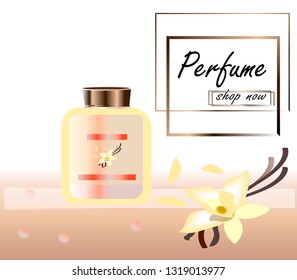 Vector illustration of a realistic style perfume in a glass bottle on a background with luxurious flower . Great advertising poster for promoting a new fragrance