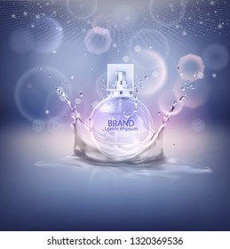 Vector illustration of a realistic style perfume in a glass bottle. Great advertising poster for promoting a new fragrance.
