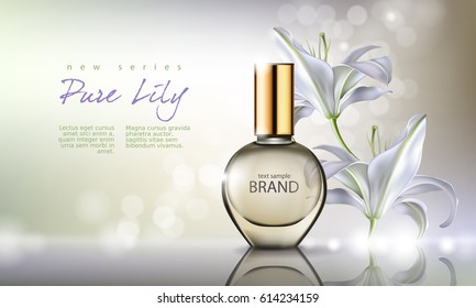 Vector illustration of a realistic style perfume in a glass bottle on a background with luxurious white lily. Great advertising poster for promoting a new fragrance