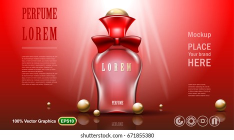 Vector illustration of a realistic style perfume in a glass bottle on a yellow background with triangles particles. Great advertising poster. 3D realistic image.