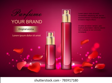 Vector illustration of a realistic style perfume in a glass bottle on a red background with roses petals. Great advertising poster for promoting a new fragrance