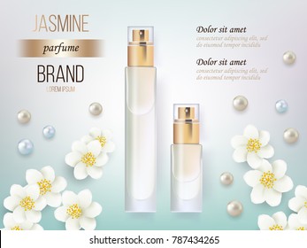 Vector illustration of a realistic style perfume in a glass bottle on a blue background. Vector image.