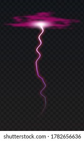 Vector illustration of a realistic style of purple glowing lightning isolated on a dark background, natural light effect