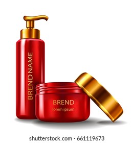 Vector illustration of a realistic style of red plastic cosmetic containers with golden caps. Bottle with dispenser for shampoo, shower gel, lotion, moisturizer and jar for cream, mask