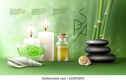 Vector illustration of a realistic style, set for spa treatments with aromatic salt , massage oil, candles on the background of bamboo shoots. Excellent green advertising poster for the spa salon.