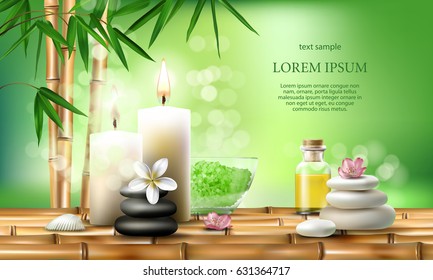 Vector illustration of a realistic style, set for spa treatments with aromatic salt, massage oil, candles on the background of bamboo shoots. Excellent green advertising poster for the spa salon.