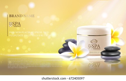 Vector illustration of a realistic style, set for spa treatments with SPA essence jar template, on the background of sun light. Excellent delicate yellow advertising poster for the spa salon.