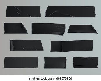 Vector illustration in a realistic style set of different slices of a adhesive tape with shadow and wrinkles isolated on a gray