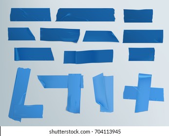 Vector illustration in a realistic style set of different slices of a blue tape with shadow and wrinkles isolated on a gray. Print, template, design element