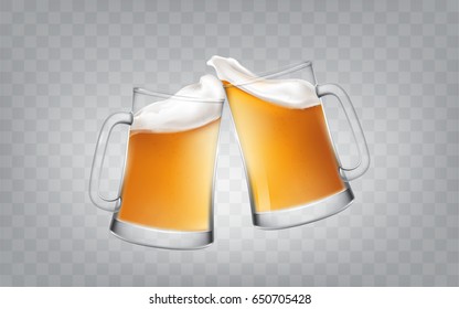 Vector Illustration Of A Realistic Style Two Glass Toasting Mugs With Beer, Cheers Beer Glasses. Print, Template, Design Element