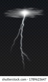 Ilustración vectorial de un estilo realista de relámpago blanco brillante aislado en un fondo oscuro, efecto de luz natural. Elemento relámpago de tormenta eléctrica blanca mágica
