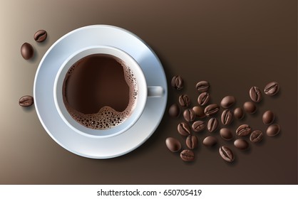 Vector illustration of a realistic style of white coffee cup with a saucer and coffee beans, top view, isolated on brown. Print, template, design element