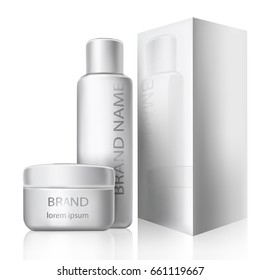 Vector illustration of a realistic style of white plastic cosmetic containers with closed caps. Bottle for shampoo, shower gel, lotion, moisturizer and jar for cream, mask