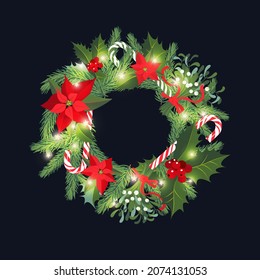 Vector illustration in realistic style  wreath with fir branches, mistletoe, holly, candies and glowing lights.
