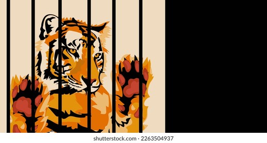 Vector illustration in realistic stylized style of a wild tiger in a cage isolated on a white background. Banner for animal protection. Circuses without animals. Lion with raised paws