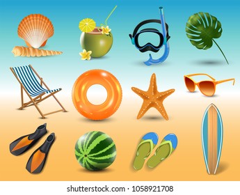 vector illustration of Realistic summer holidays seaside beach icons set isolated on seaside background