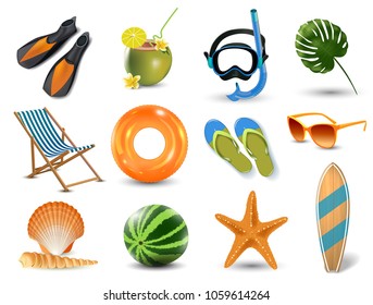 Vector Illustration Of Realistic Summer Holidays Seaside Beach Icons Set Isolated