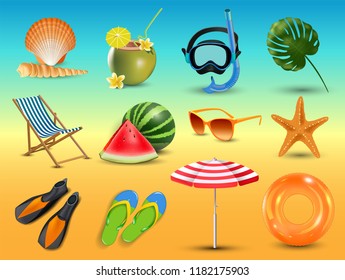 vector illustration of Realistic summer holidays seaside beach icons set isolated on seaside background