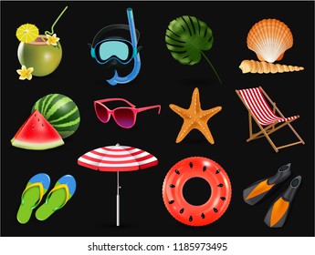 vector illustration of Realistic summer holidays seaside beach icons set isolated on black background