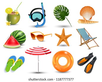 vector illustration of Realistic summer holidays seaside beach icons set isolated on white background