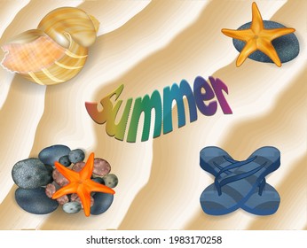 Vector illustration of Realistic summer holidays seaside beach icons  isolated on brown sand background.
