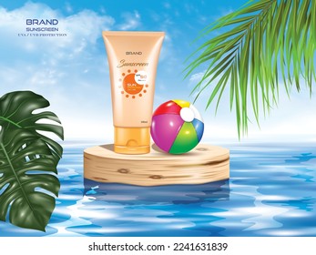 vector illustration realistic summer sunscreen ad design template on the beautiful natural outdoor background with water,use for sun protection cream advertising poster and banner.