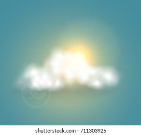 Vector illustration of realistic sunny cloud with shadow and sun on blue sky background with flare. Weather design of partly sunny for web, site, app weather forecast