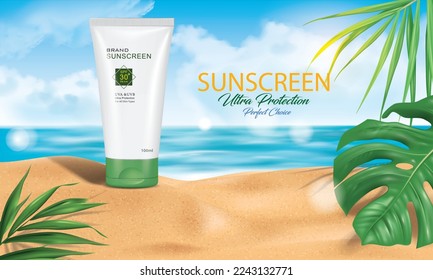 vector illustration realistic sunscreen tube ad design on the beach background,use for sunscreen cosmetic advertising banner and poster.