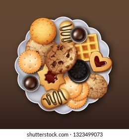 Vector illustration of realistic sweet jelly, crackers, butter and chocolate chip cookies of different forms with waffels in white plate isolated on dark brown background, top view