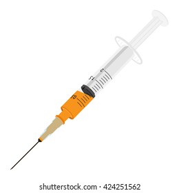 Vector illustration realistic syringe with orange vaccine isolated on white background. Vaccination,  medical equipment. Syringe icon