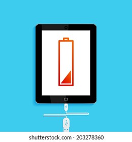 vector illustration of realistic tablet pc computer, charging battery, isolated on a blue background