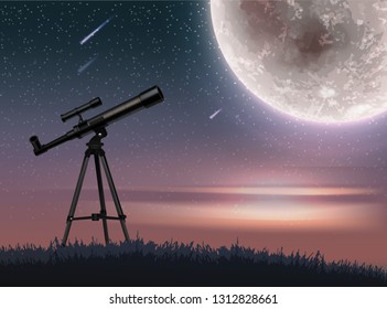 Vector illustration of realistic telescope on starry sky sunset with falling meteorites and big full shining moon on background