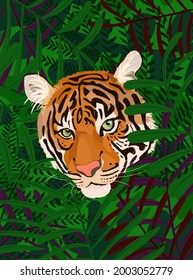 Vector illustration of a realistic tiger head looking from jungle leaves. International Tiger Day. A print with tiger for your goods.