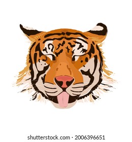 Vector illustration of a realistic tiger head with eyes closed, tongue out and smiling. Isolated on a transparent background.. International Tiger Day. A print with a smiling tiger for your goods.