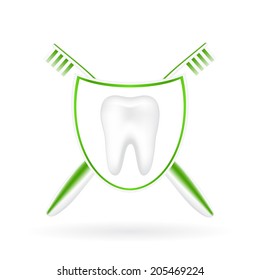 Vector illustration of realistic tooth with toothbrushes. Illustration of dental protecting for your design.