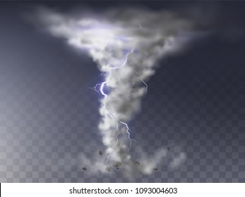 Vector illustration of realistic tornado with lightning, destructive hurricane isolated on transparent background. Wind cyclone, twisted vortex with flash of light, dangerous natural disaster