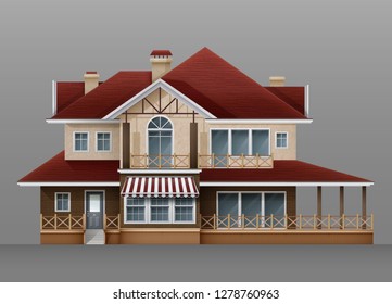 Vector illustration of realistic two-storied individual residential house with red tiled roof and terrace isolated on background. Facade of architectural project with plaster and half-timbered houses