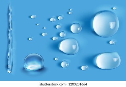Vector Illustration of realistic water drops different shapes and size with reflection isolated on background