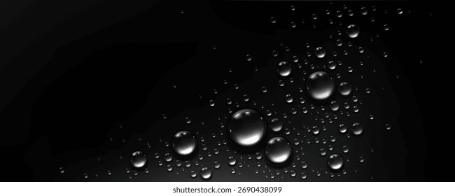 Vector illustration of realistic water drops on a black background. Top view with diagonal arrangement and concentration of droplets in the upper right part of the composition. Glossy transparent drop