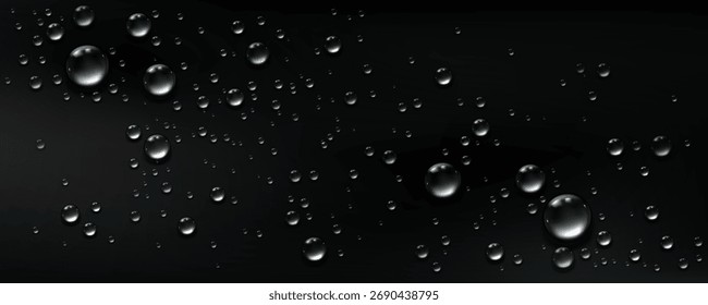 Ilustración vectorial de gotas de agua realistas dispersas uniformemente sobre un fondo negro. Las gotitas presentan una textura brillante y transparente con suaves reflejos de luz que crean un efecto tridimensional