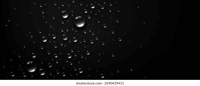 Ilustración vectorial de gotas de agua realistas dispersas uniformemente sobre un fondo negro. Las gotitas presentan una textura brillante y transparente con suaves reflejos de luz que crean un efecto tridimensional