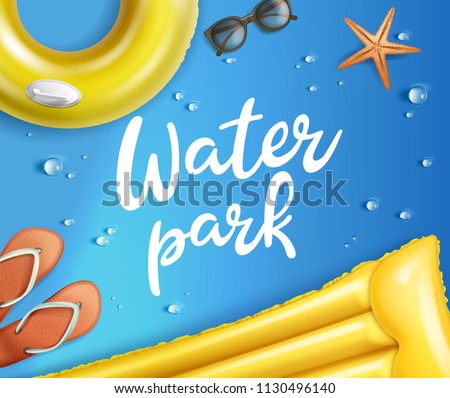 Vector illustration of realistic waterpark pool aquapark aqua park splash beach set inflatable raft and swim ring with flip-flop and sunglasses drops and starfish isolated on background